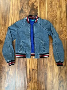 United Colors of Benetton Striped Trim Denim Bomber Jacket - Size 4